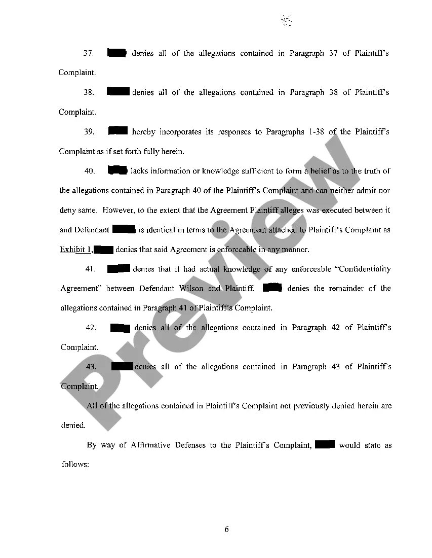 Preview A04 Answer to verified complaint alleging violation of confidentiality agreement