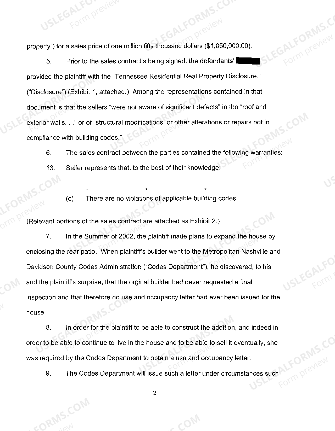 Tennessee Complaint regarding Misrepresentations in Sales Contract US