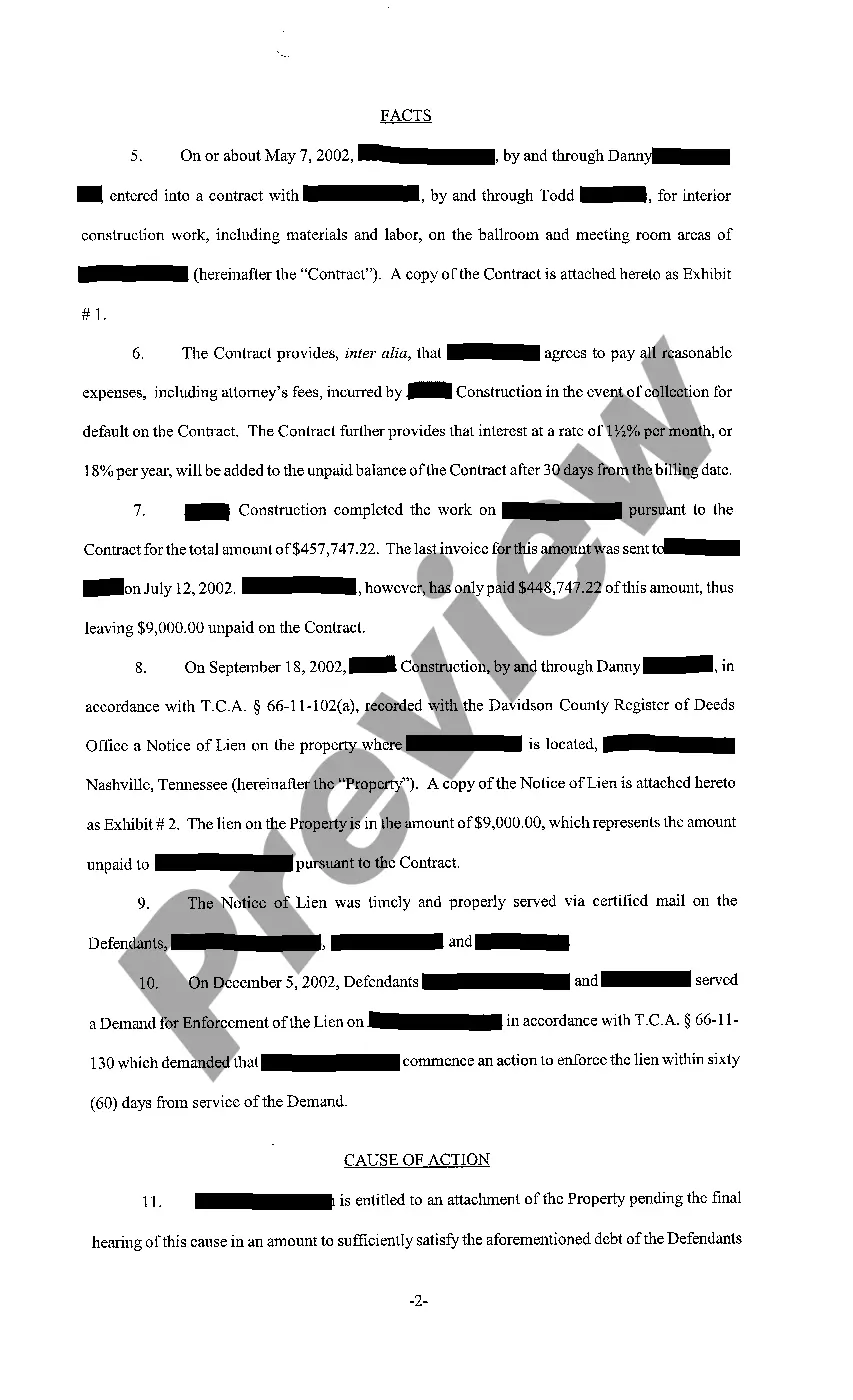 Preview A01 Complaint for Attachment for work performed at Hotel