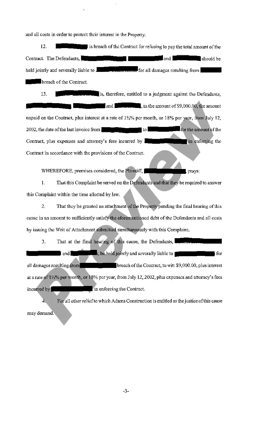 Preview A01 Complaint for Attachment for work performed at Hotel