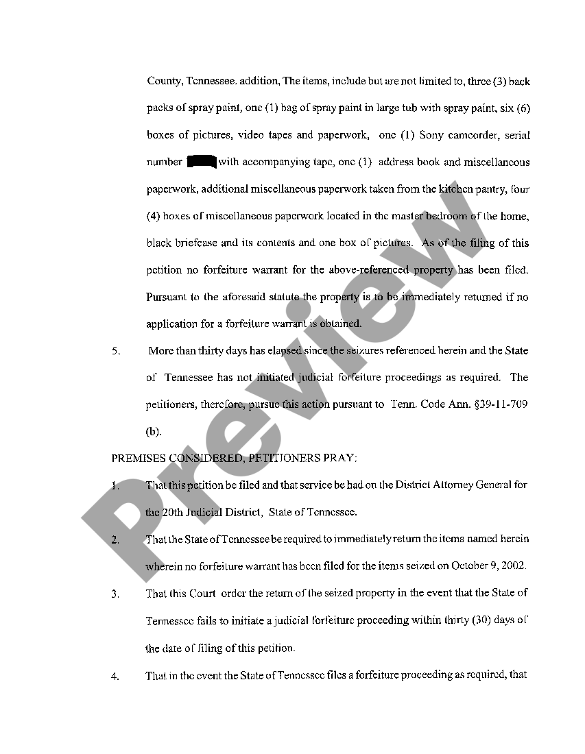 Petition For Return Of Seized Property Form US Legal Forms