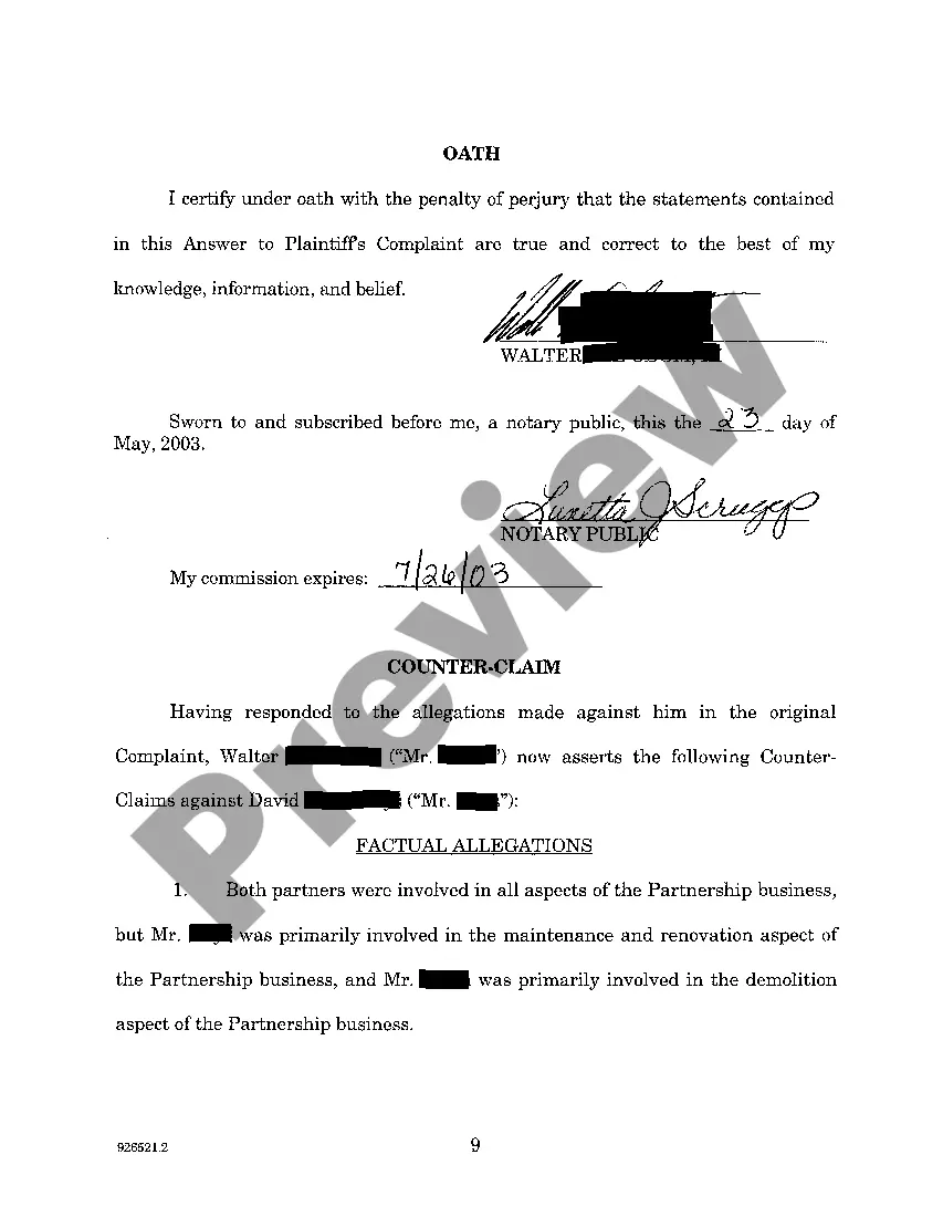 Preview A02 Sworn Answer And Counterclaim