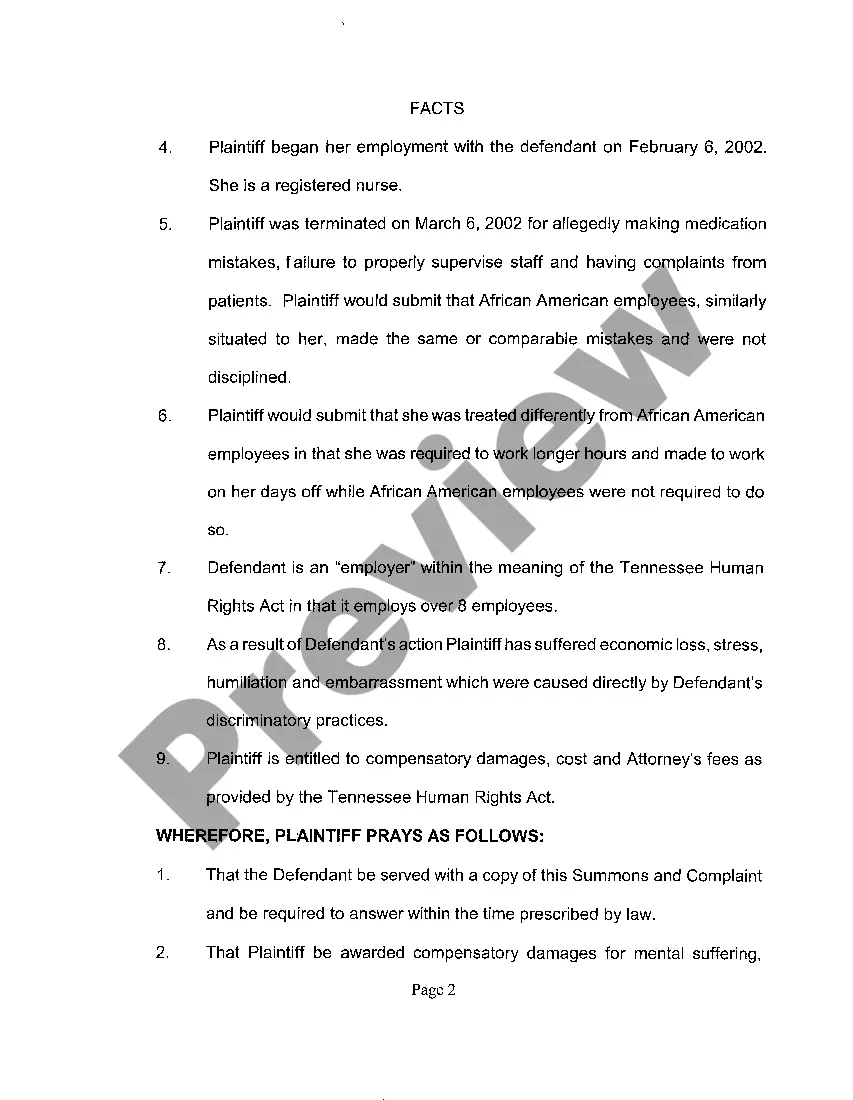 Preview A01 Complaint regarding Race Claim for Termination of Employment