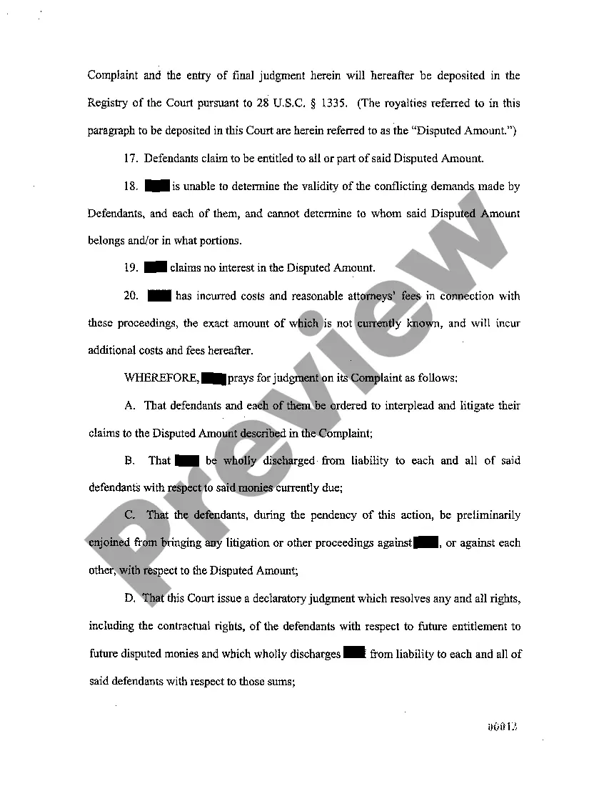 Get A05 Complaint For Interpleader And Declaratory Relief Preview A05 Complaint For Interpleader And Declaratory Relief