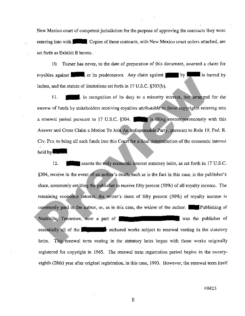 Preview A07 Answer And Cross Claim to Complaint to Collect Royalties Under Copyright