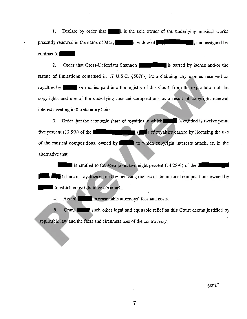 Preview A07 Answer And Cross Claim to Complaint to Collect Royalties Under Copyright