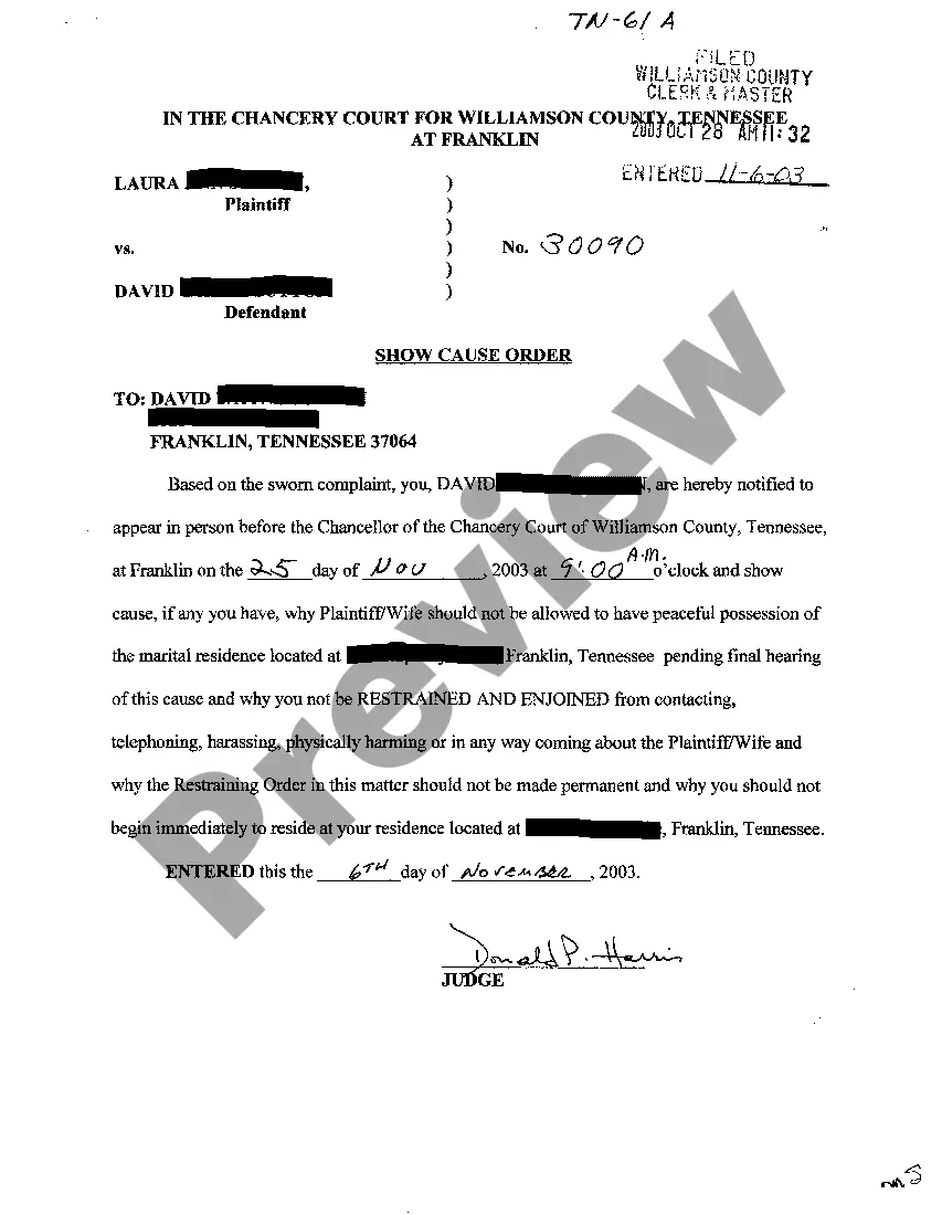 Get A02 Show Cause Order Why Plaintiff Should not be Allowed to have Peaceful Possession of Marital Residence Preview A02 Show Cause Order Why Plaintiff Should not be Allowed to have Peaceful Possession of Marital Residence