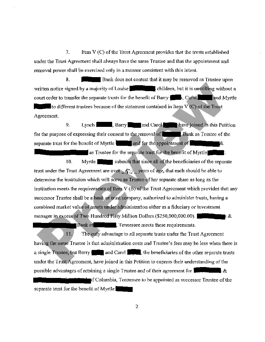 Preview A01 Petition For Removal of Trustee And Appointment of Substitute Trustee