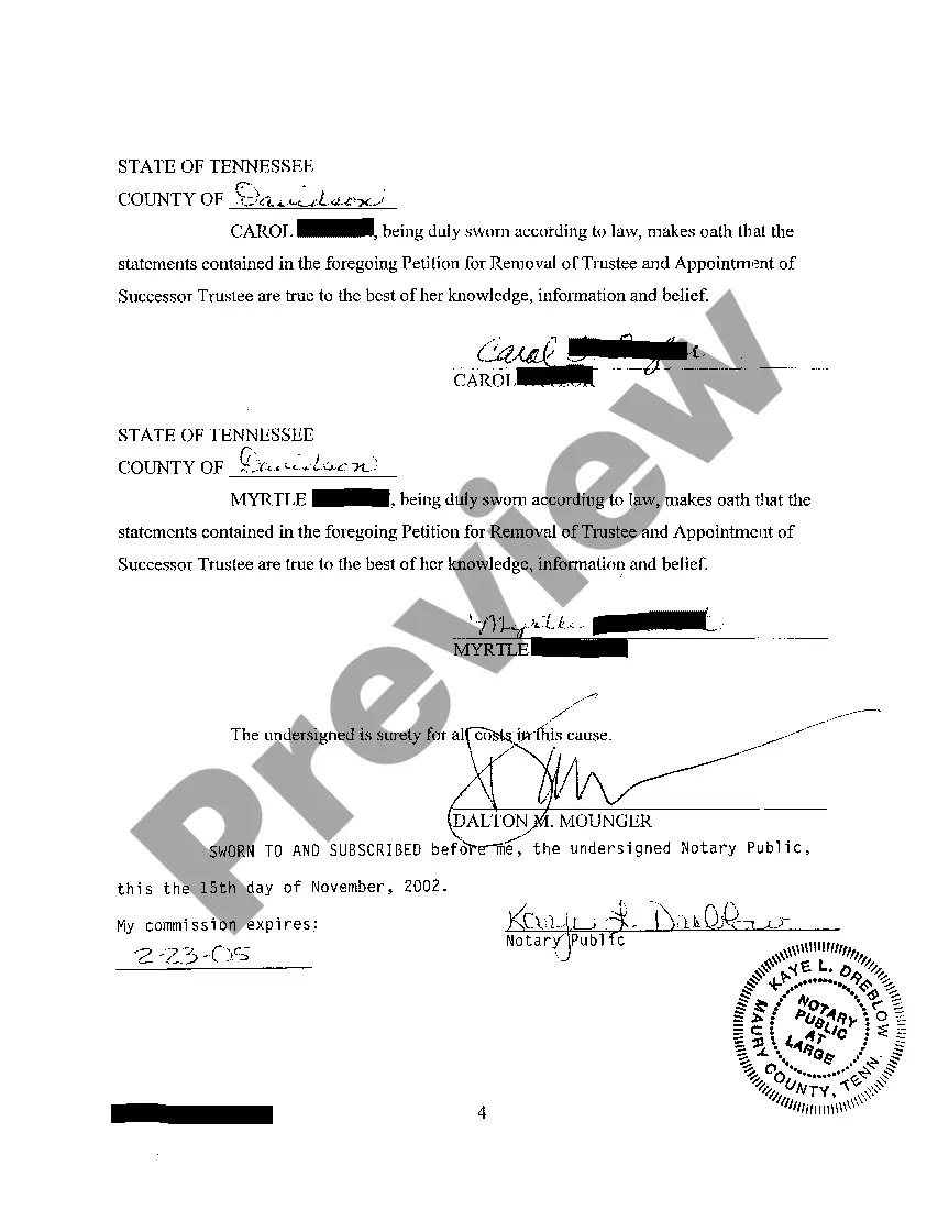 Preview A01 Petition For Removal of Trustee And Appointment of Substitute Trustee