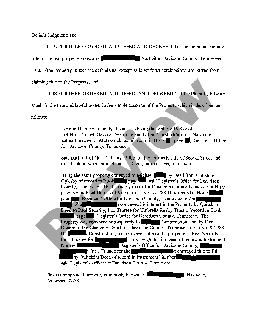 Nashville Tennessee Default Judgment US Legal Forms