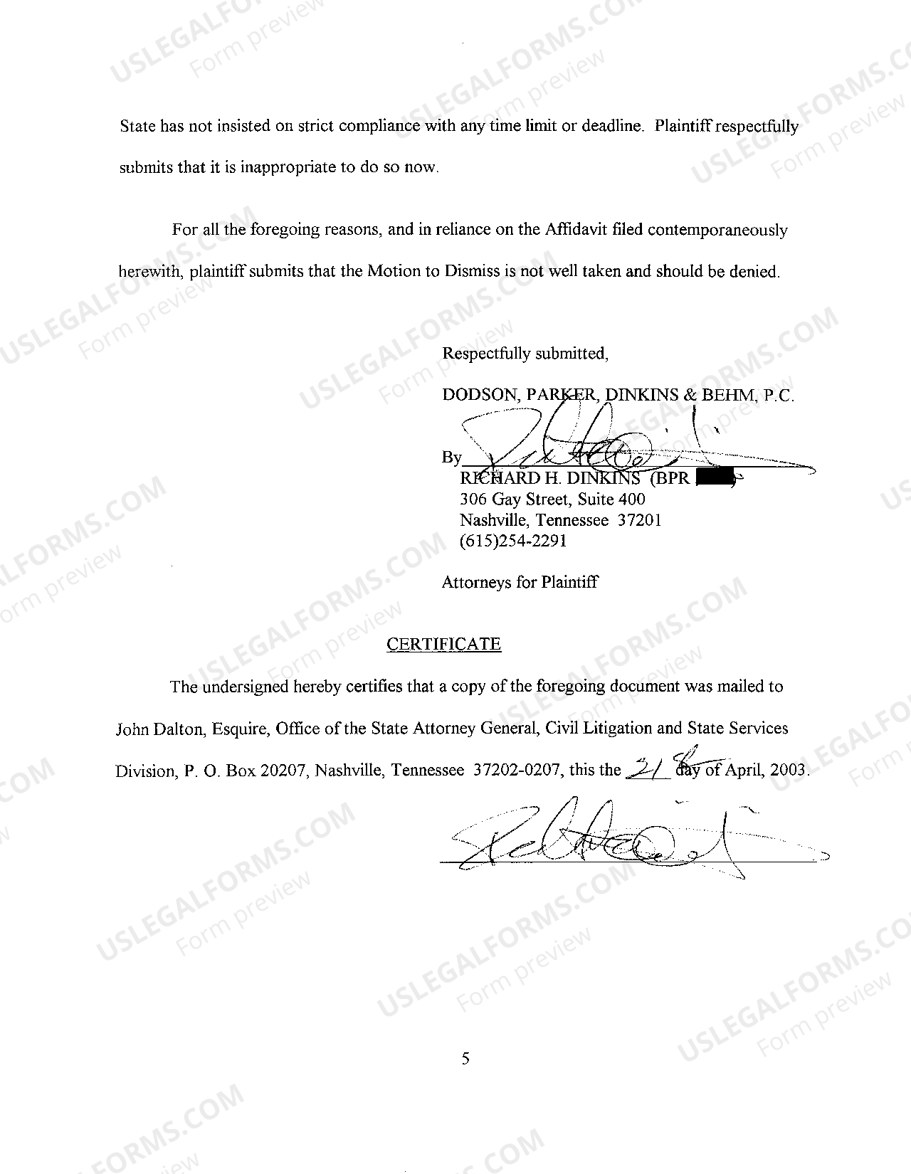Tennessee Response of Plaintiff To Motion To Dismiss Motion To