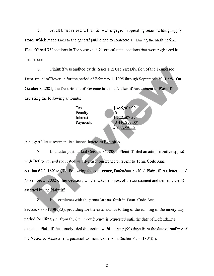 Preview A01 Complaint regarding assessment of sales, use taxes