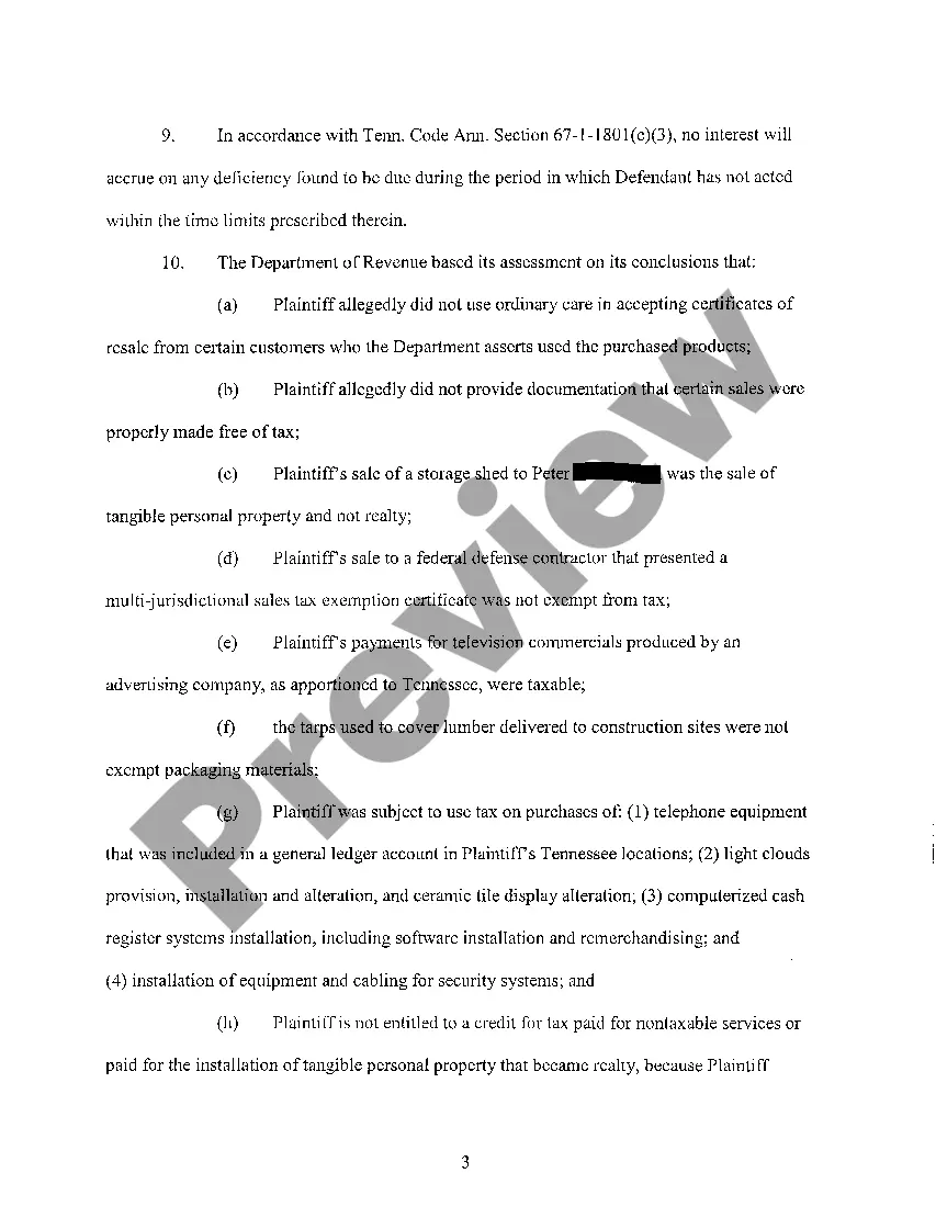 Preview A01 Complaint regarding assessment of sales, use taxes