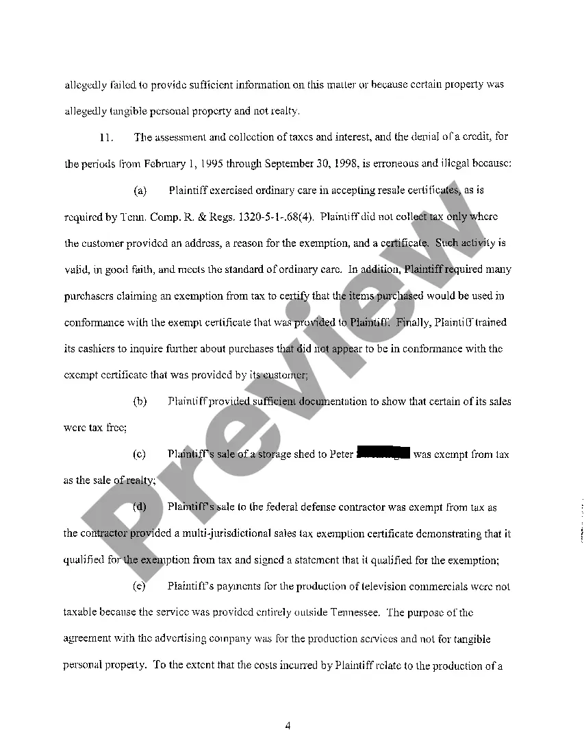 Preview A01 Complaint regarding assessment of sales, use taxes