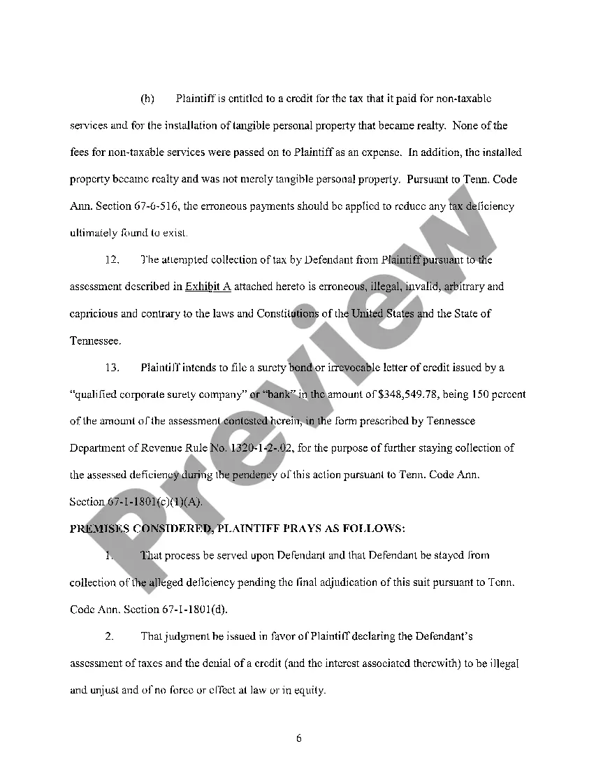 Preview A01 Complaint regarding assessment of sales, use taxes