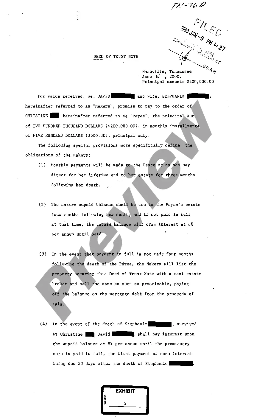 Preview A05 Deed of Trust Note for Monthly Installments on Loan