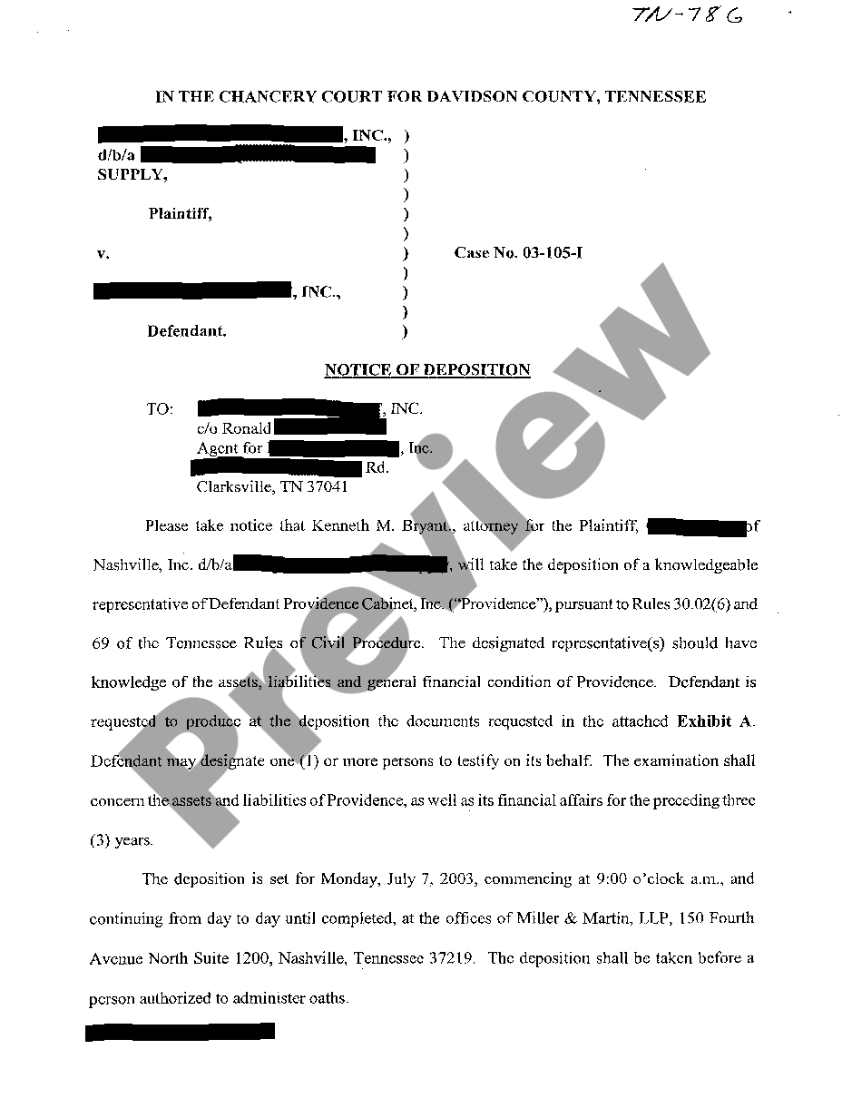 Notice Of Deposition Tennessee For Multiple Witnesses Us Legal Forms 0021