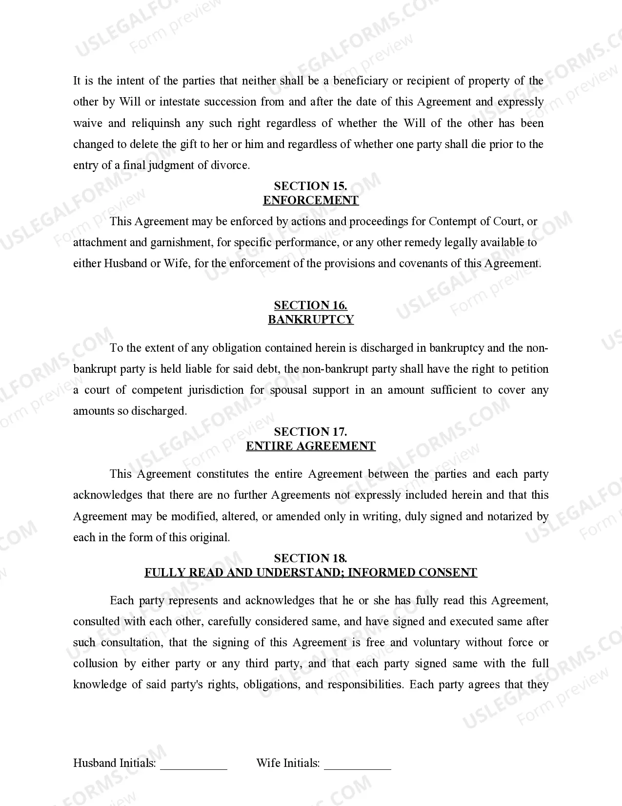 Preview Marital Domestic Separation and Property Settlement Agreement for persons with No Children, No Joint Property or Debts where Divorce Action Filed