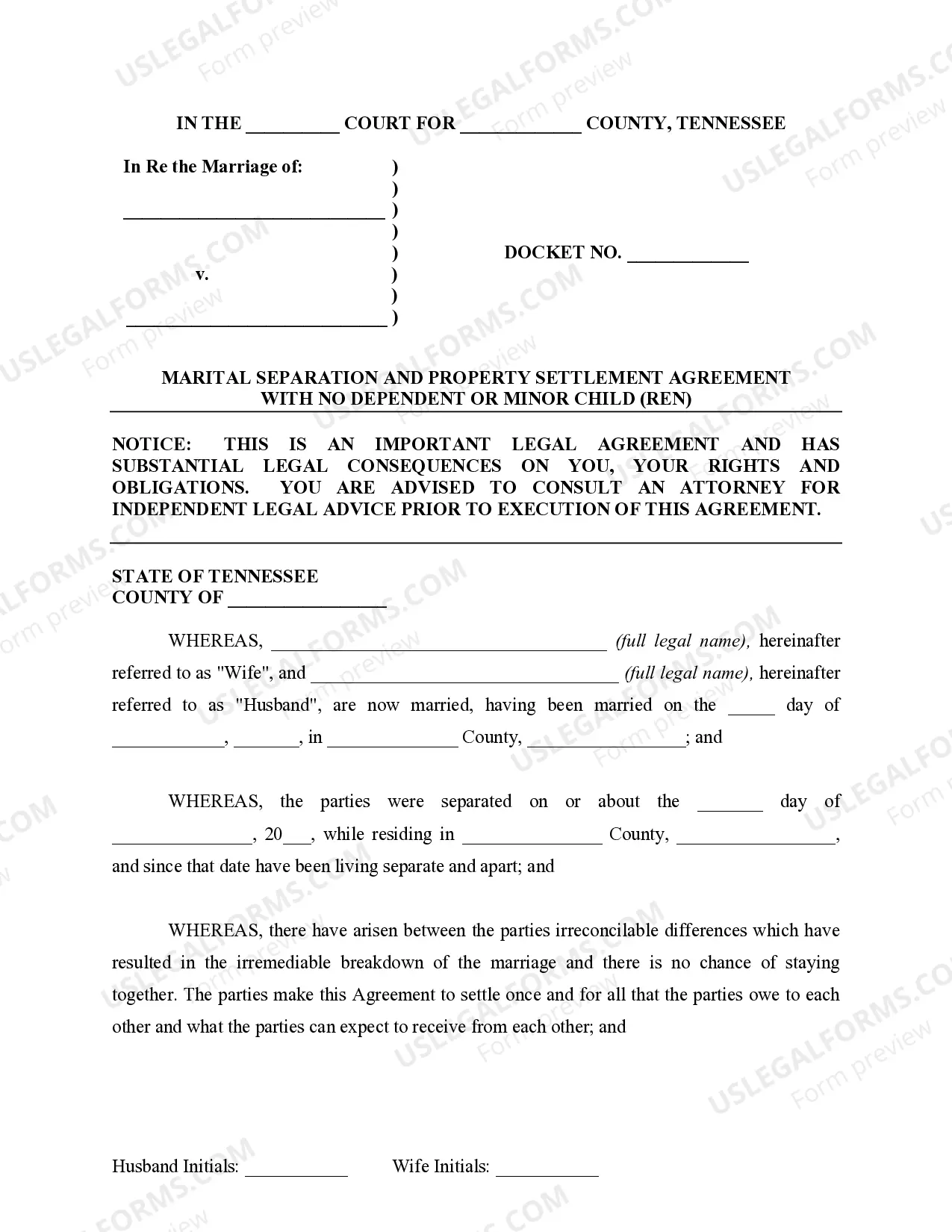 Preview Marital Domestic Separation and Property Settlement Agreement for persons with No Children, No Joint Property or Debts where Divorce Action Filed