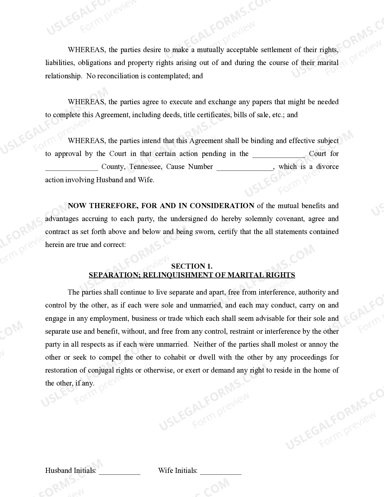 Preview Marital Domestic Separation and Property Settlement Agreement for persons with No Children, No Joint Property or Debts where Divorce Action Filed