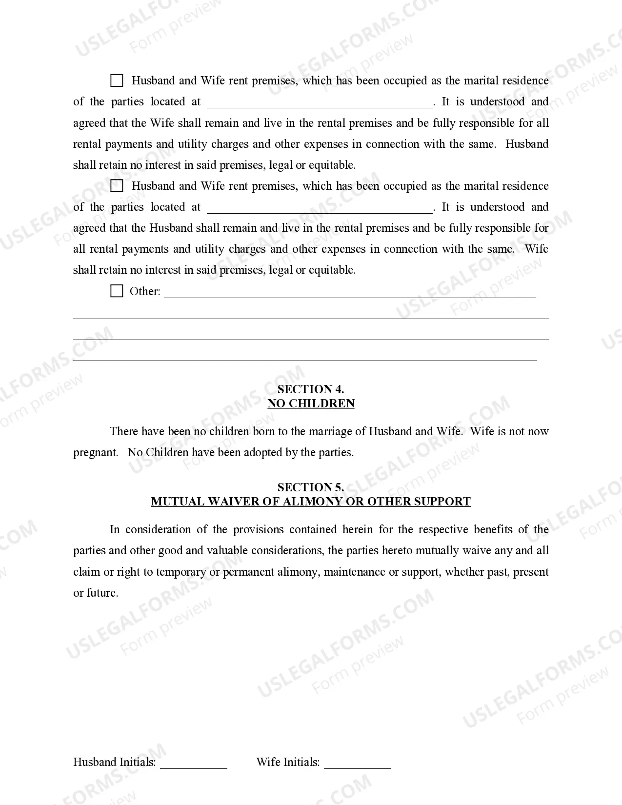 Preview Marital Domestic Separation and Property Settlement Agreement for persons with No Children, No Joint Property or Debts where Divorce Action Filed