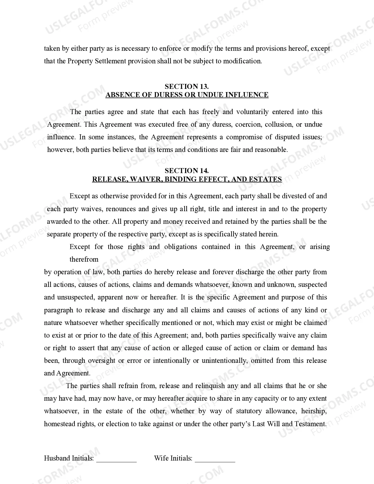 Preview Marital Domestic Separation and Property Settlement Agreement for persons with No Children, No Joint Property or Debts where Divorce Action Filed