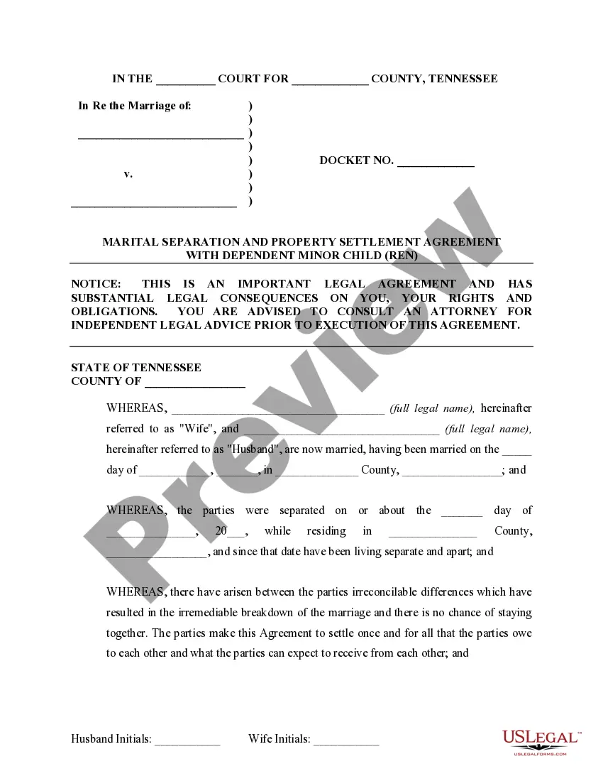 Preview Marital Domestic Separation and Property Settlement Agreement Minor Children no Joint Property or Debts where Divorce Action Filed