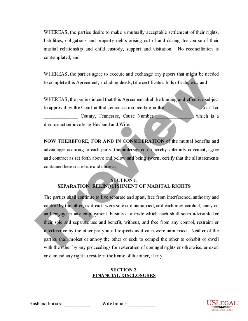 Preview Marital Domestic Separation and Property Settlement Agreement Minor Children no Joint Property or Debts where Divorce Action Filed