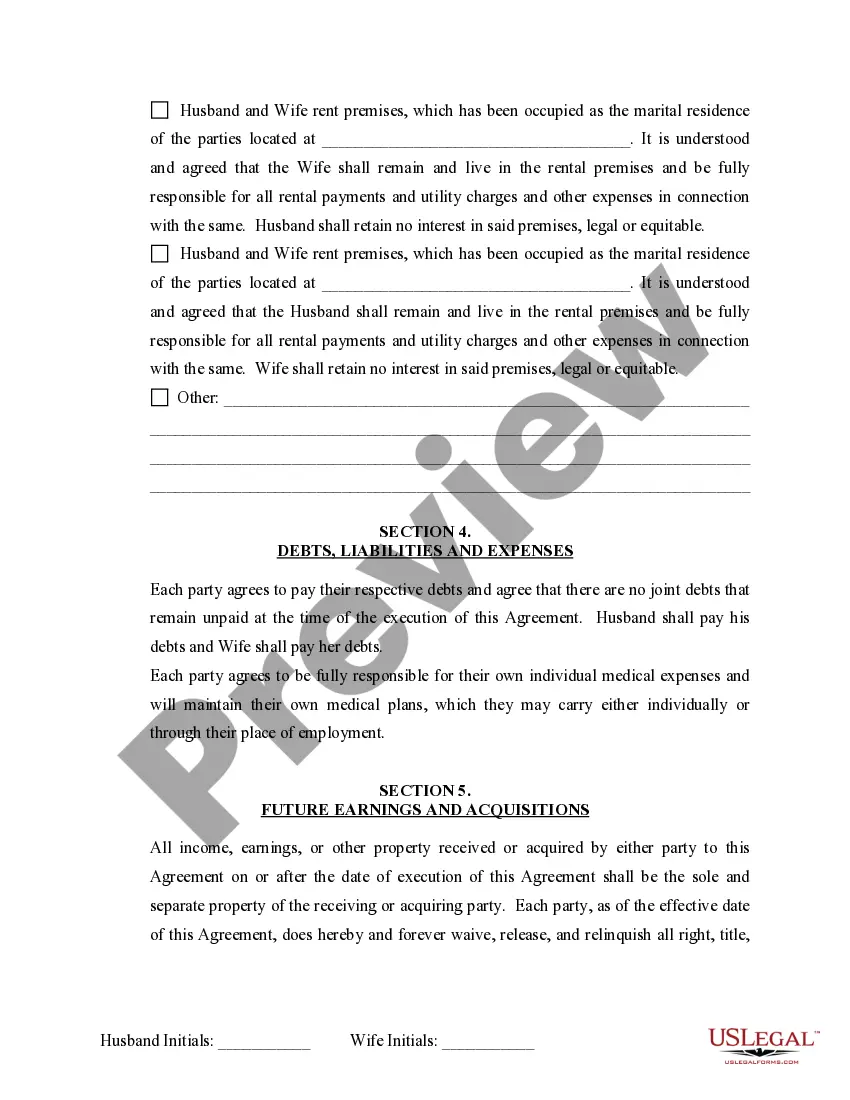 Preview Marital Domestic Separation and Property Settlement Agreement Minor Children no Joint Property or Debts where Divorce Action Filed