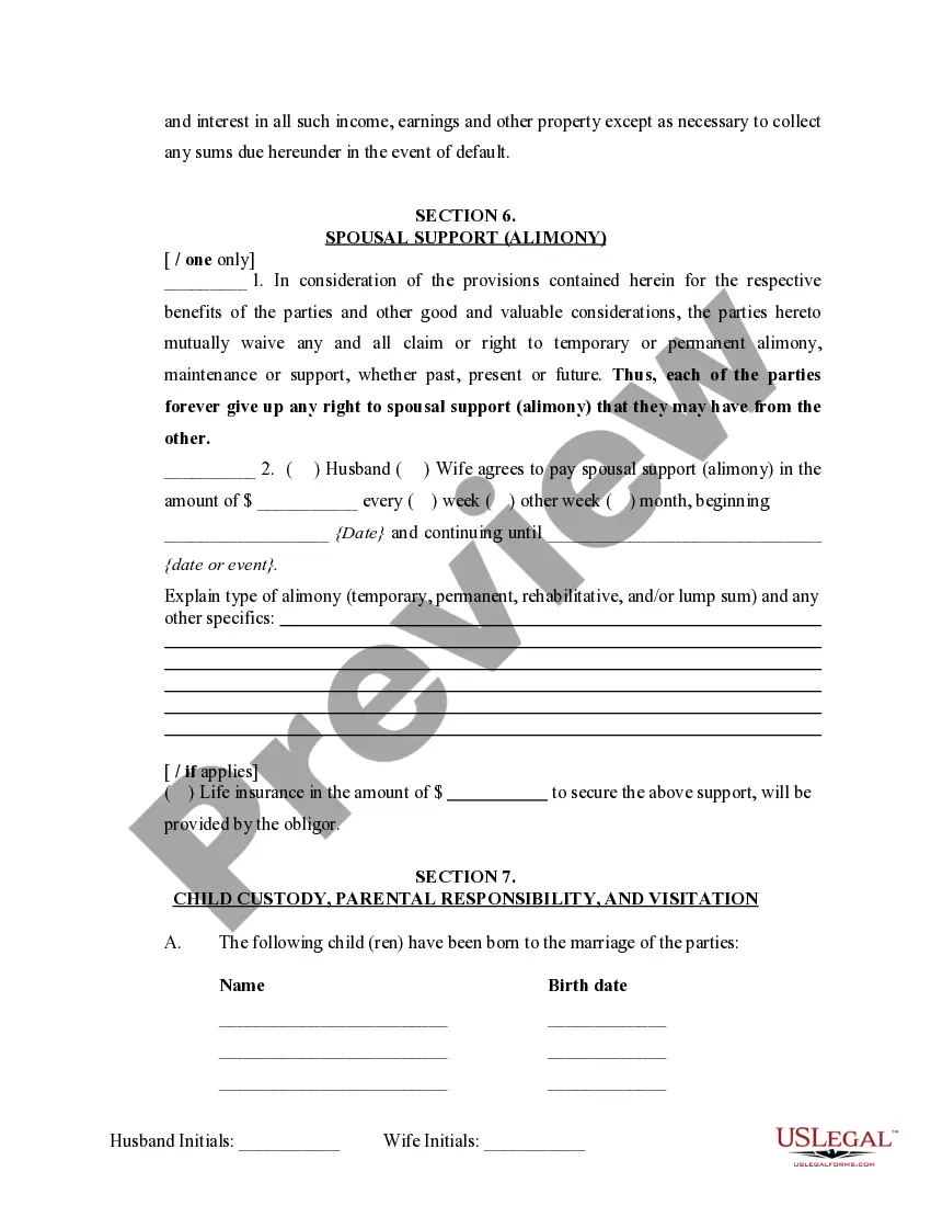 Preview Marital Domestic Separation and Property Settlement Agreement Minor Children no Joint Property or Debts where Divorce Action Filed