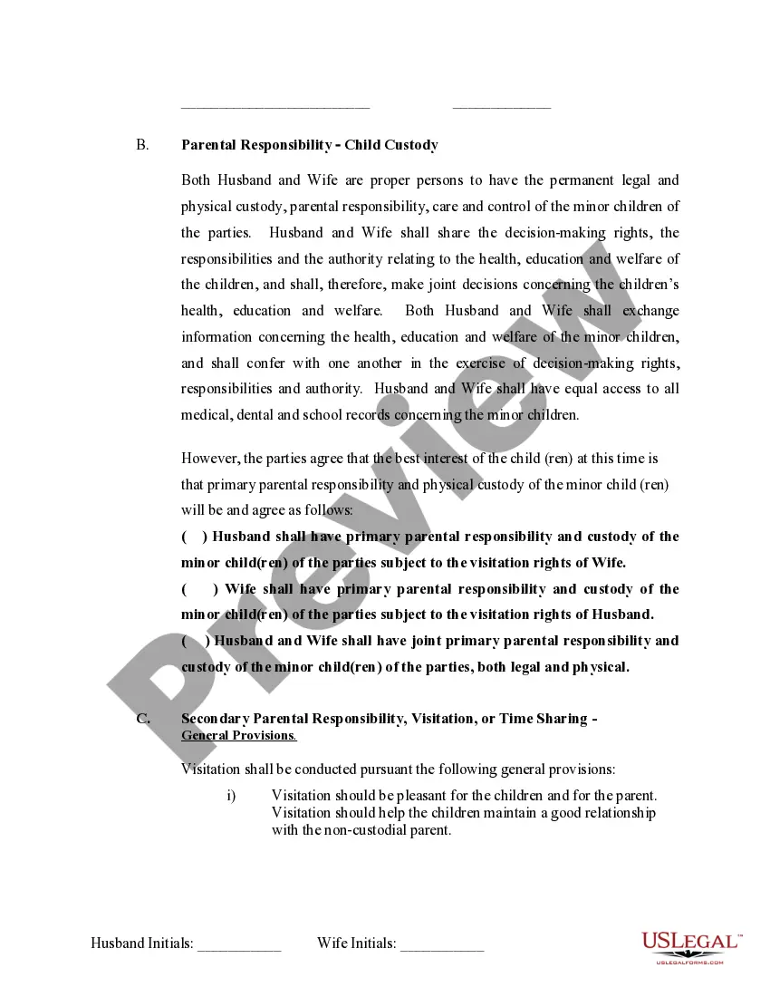 Preview Marital Domestic Separation and Property Settlement Agreement Minor Children no Joint Property or Debts where Divorce Action Filed
