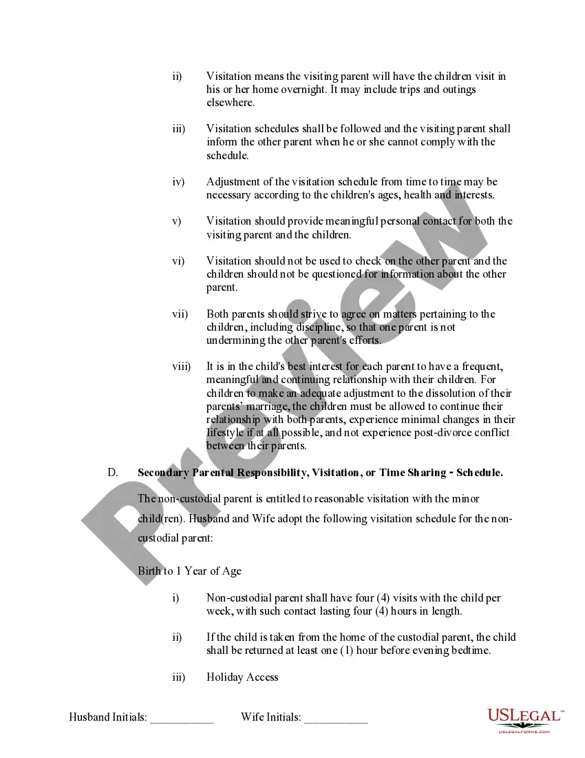 Preview Marital Domestic Separation and Property Settlement Agreement Minor Children no Joint Property or Debts where Divorce Action Filed