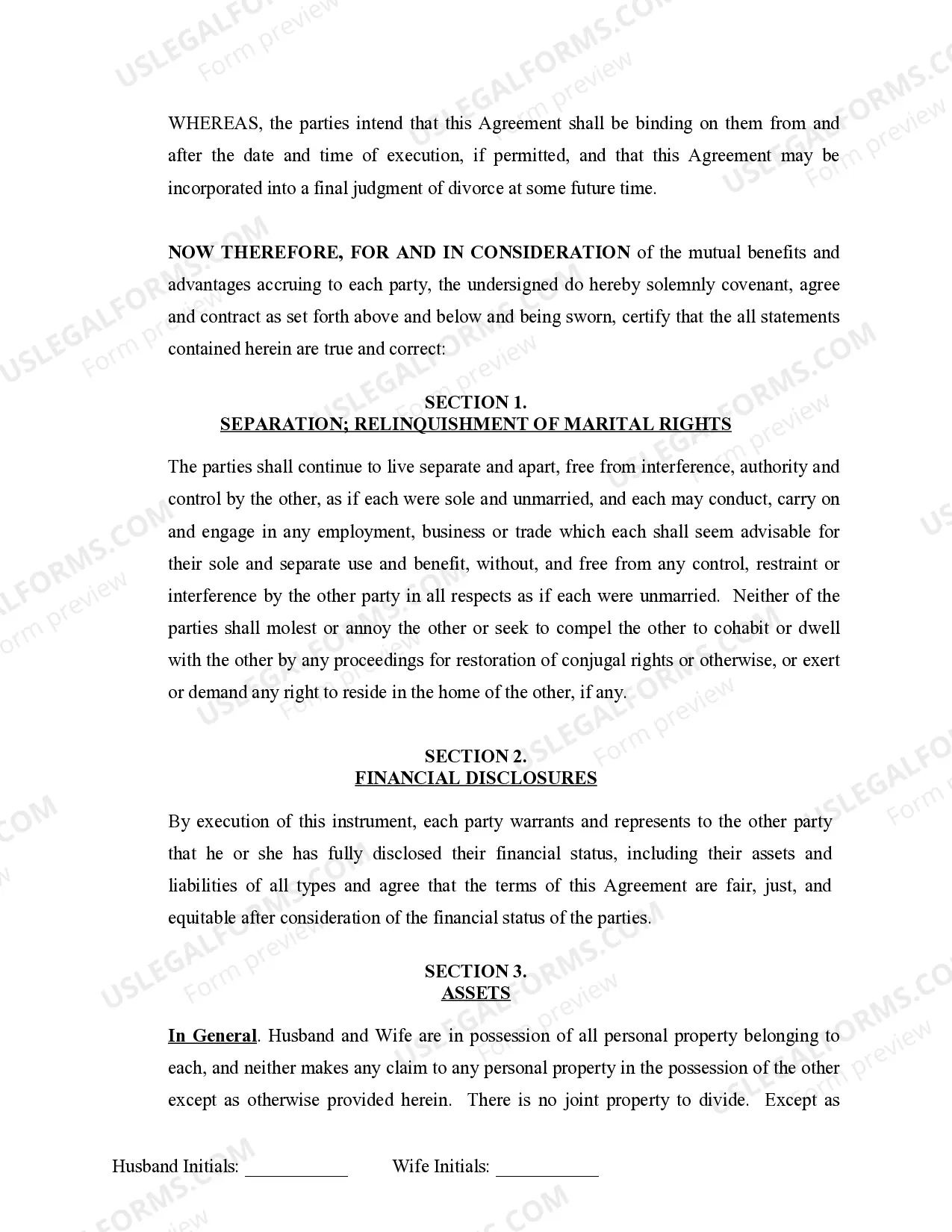Preview Marital Domestic Separation and Property Settlement Agreement Minor Children no Joint Property or Debts effective Immediately