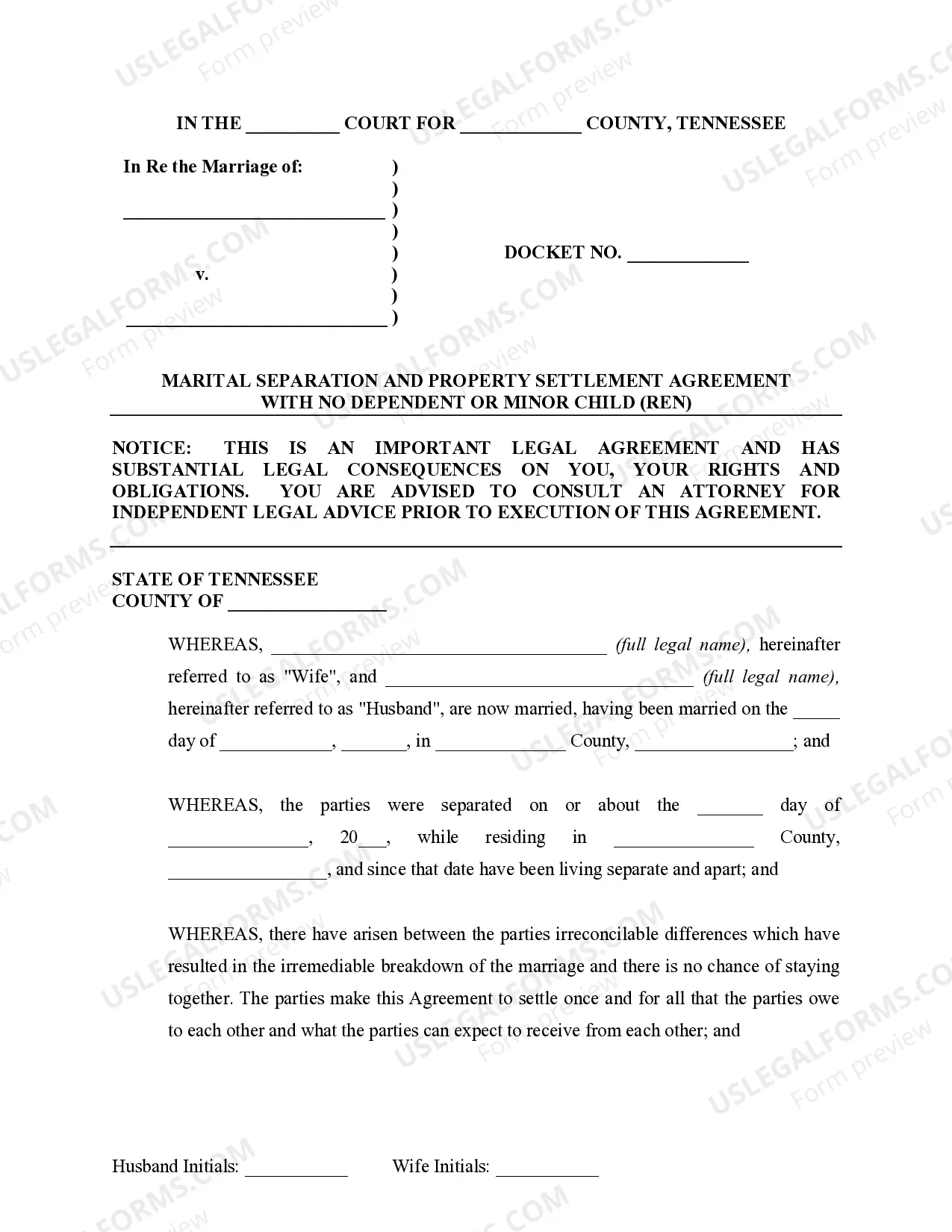 Preview Marital Domestic Separation and Property Settlement Agreement no Children parties may have Joint Property or Debts where Divorce Action Filed