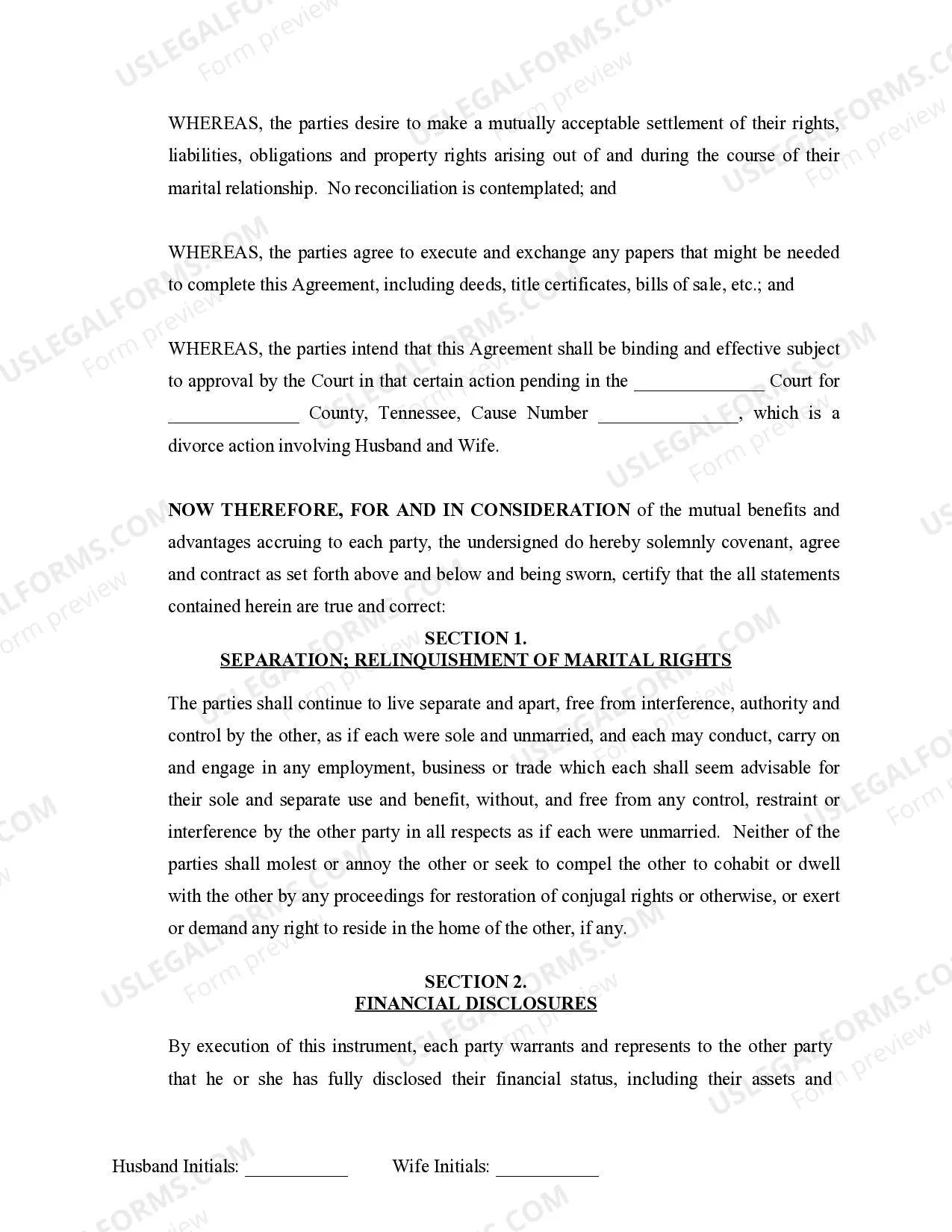 Preview Marital Domestic Separation and Property Settlement Agreement no Children parties may have Joint Property or Debts where Divorce Action Filed
