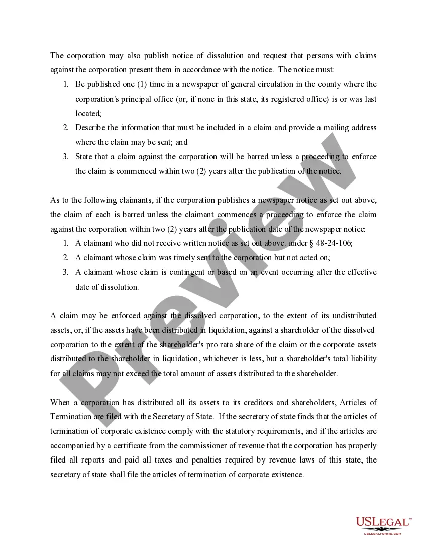 Get Tennessee Dissolution Package to Dissolve Corporation Preview Tennessee Dissolution Package to Dissolve Corporation