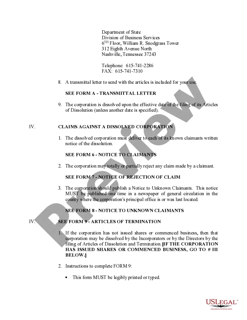 Get Tennessee Dissolution Package to Dissolve Corporation Preview Tennessee Dissolution Package to Dissolve Corporation