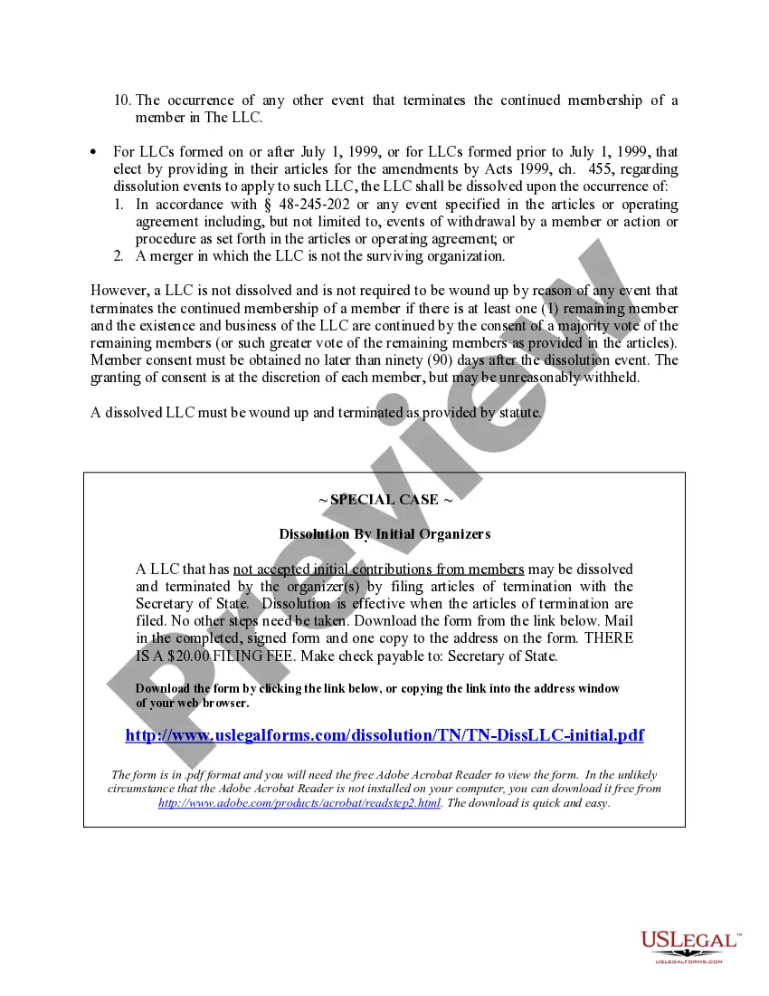 Get Tennessee Dissolution Package to Dissolve Limited Liability Company LLC Preview Tennessee Dissolution Package to Dissolve Limited Liability Company LLC