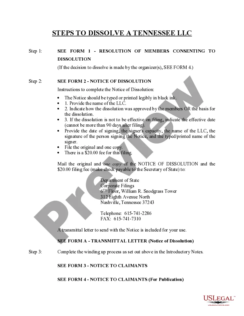 Get Tennessee Dissolution Package to Dissolve Limited Liability Company LLC Preview Tennessee Dissolution Package to Dissolve Limited Liability Company LLC