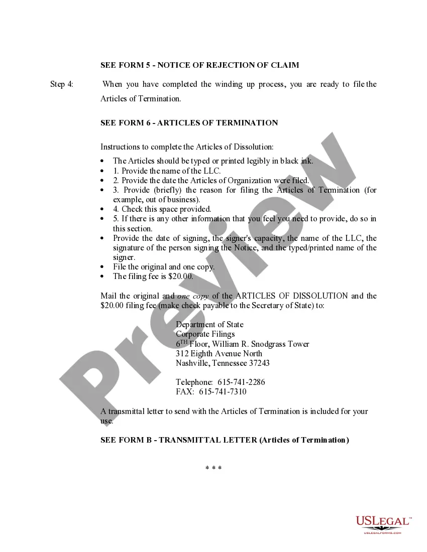 Get Tennessee Dissolution Package to Dissolve Limited Liability Company LLC Preview Tennessee Dissolution Package to Dissolve Limited Liability Company LLC