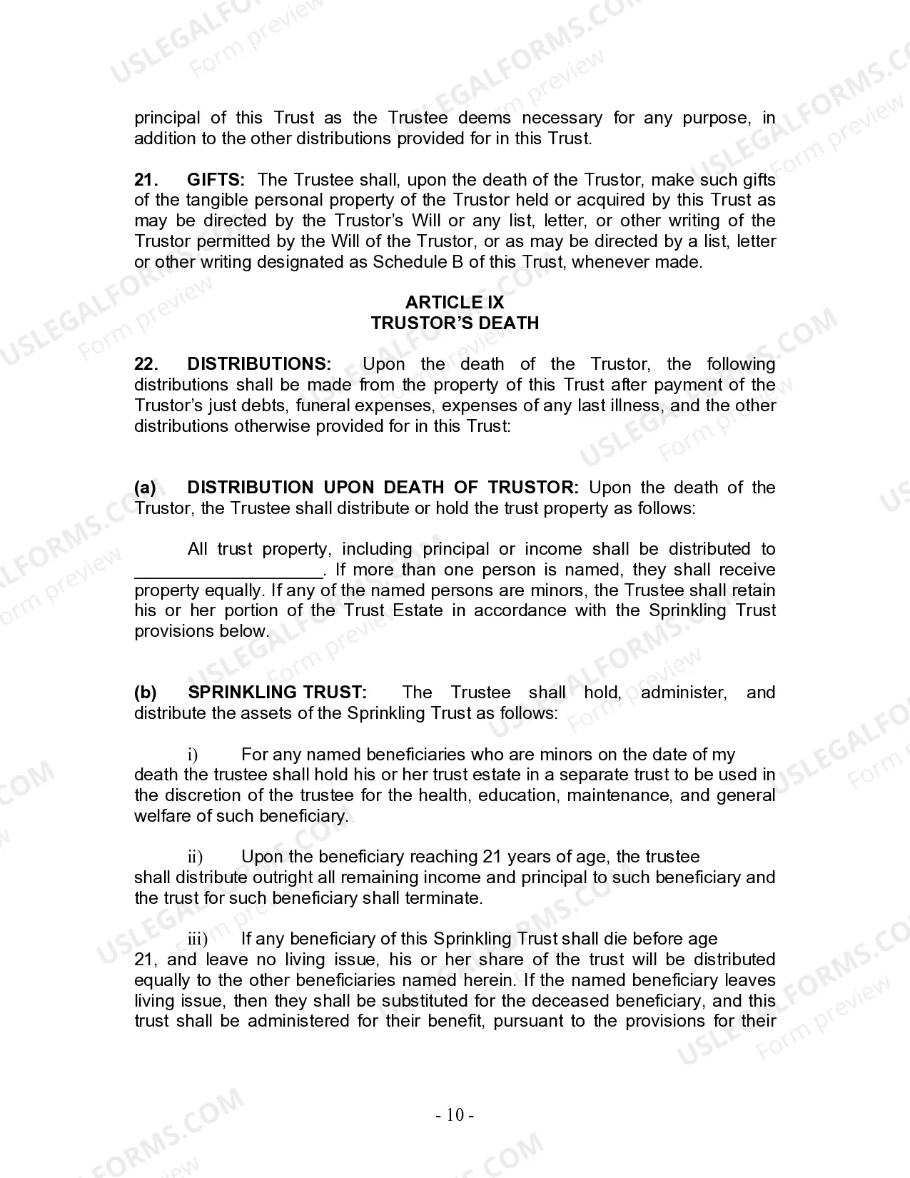 Preview Living Trust for Individual Who is Single, Divorced or Widow or Widower with No Children