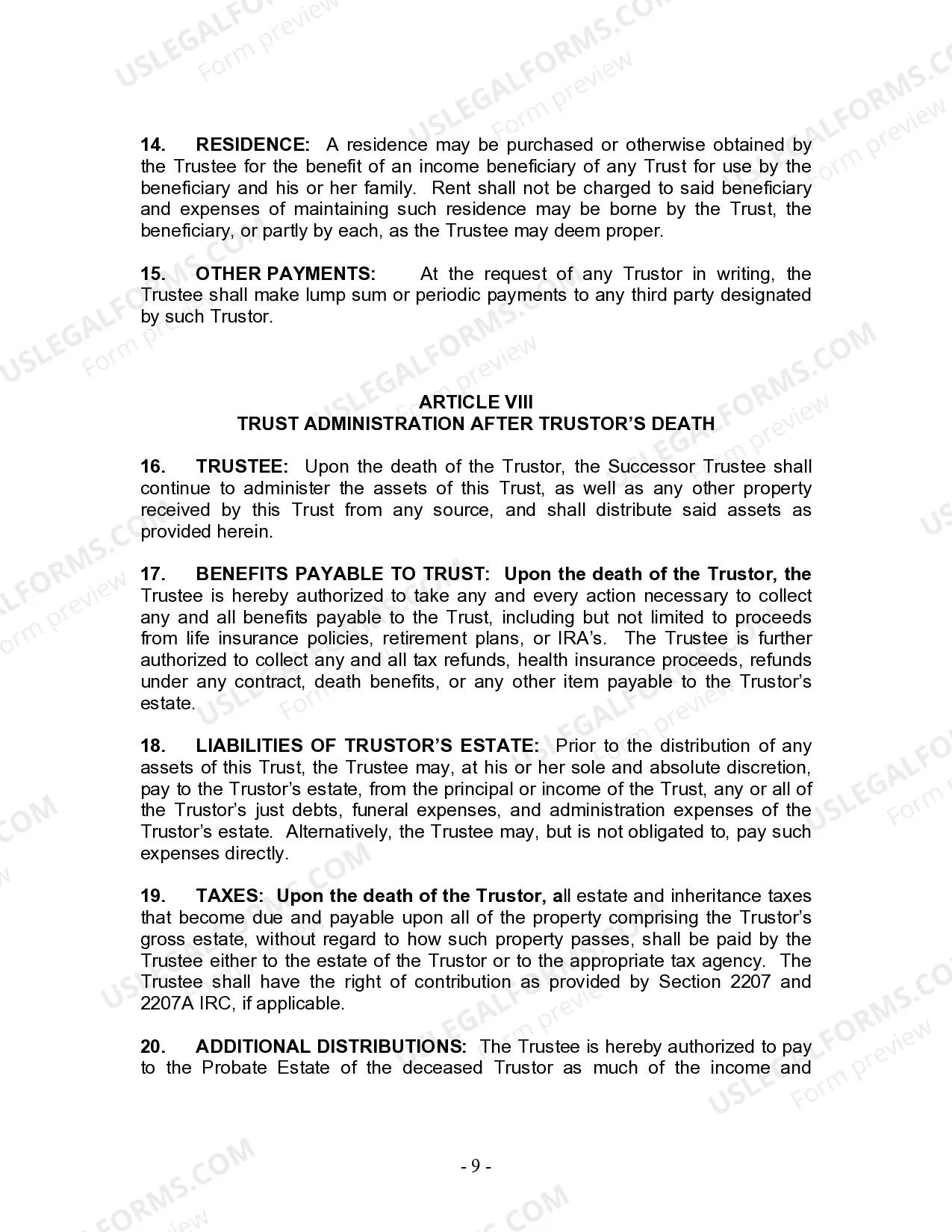 Preview Living Trust for Individual Who is Single, Divorced or Widow or Widower with No Children