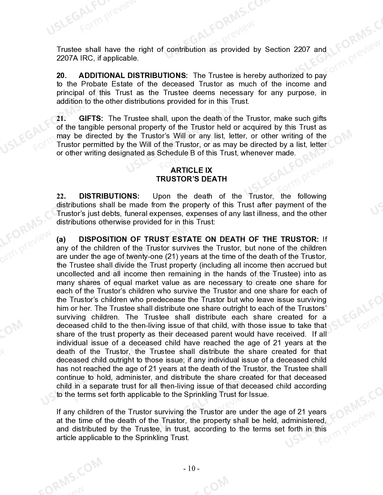 Preview Living Trust for Individual Who is Single, Divorced or Widow or Widower with Children