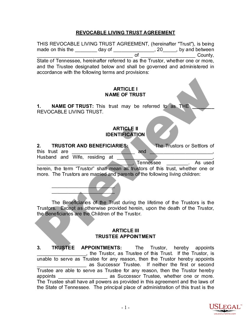 Tennessee living trust for husband and wife with minor and or adult
