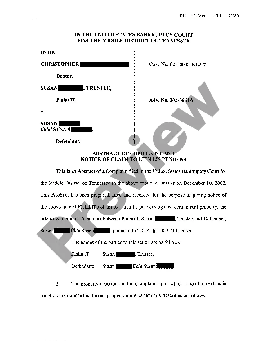 Preview Abstract of Complaint and Notice of Claim to Lien Lis Pendens