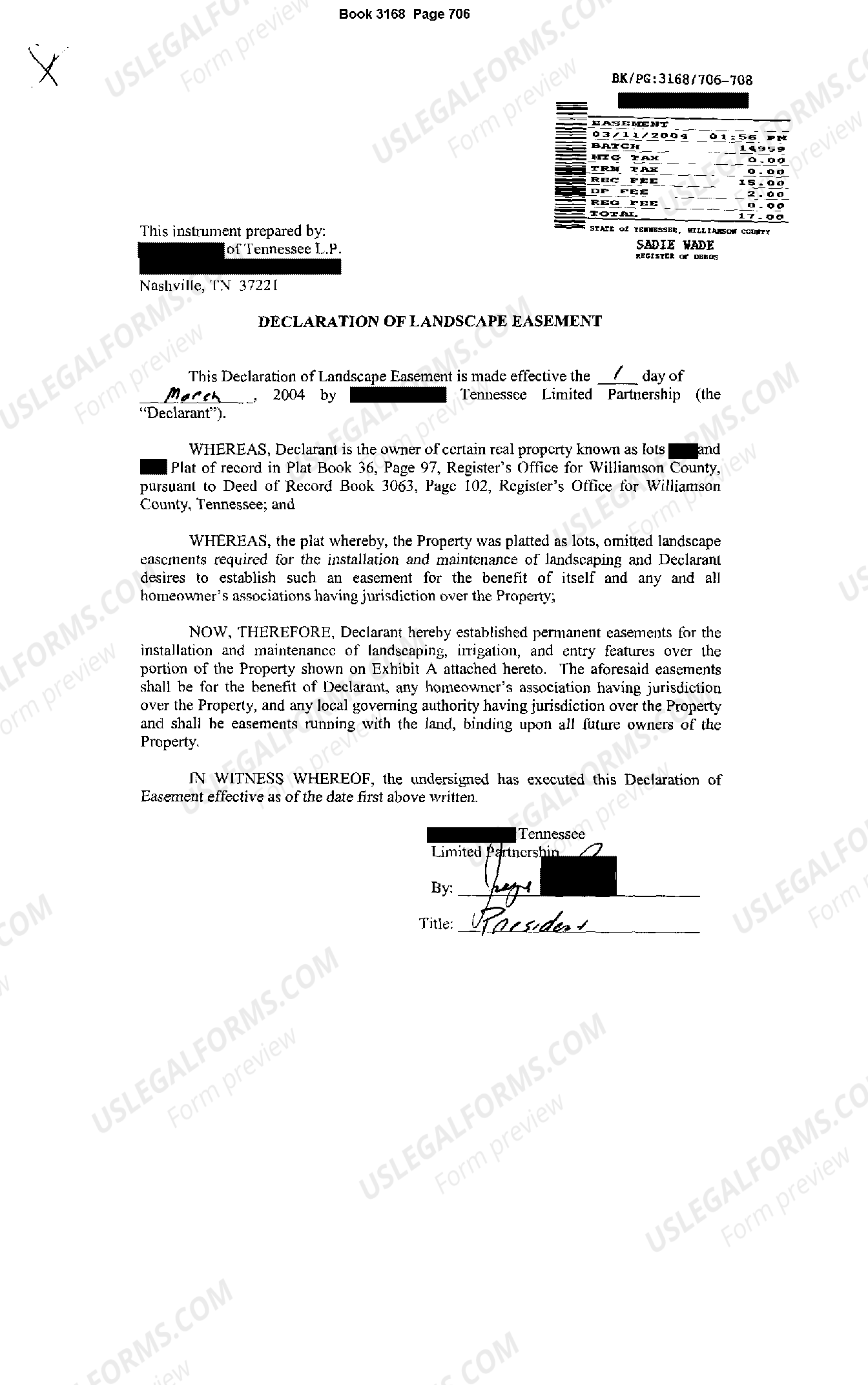 Tennessee Declaration of Landscape Easement Landscape Easement US