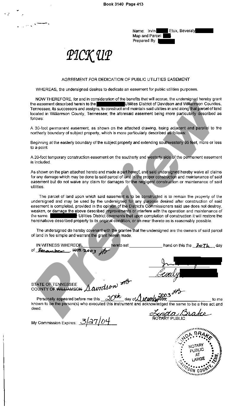 Tennessee Public Utilities Easement Easement Form For Utilities US