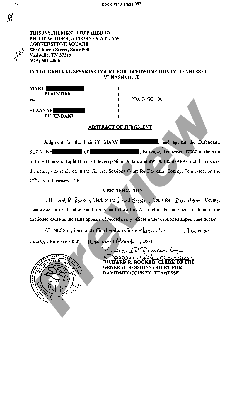Tennessee Abstract of Judgment US Legal Forms