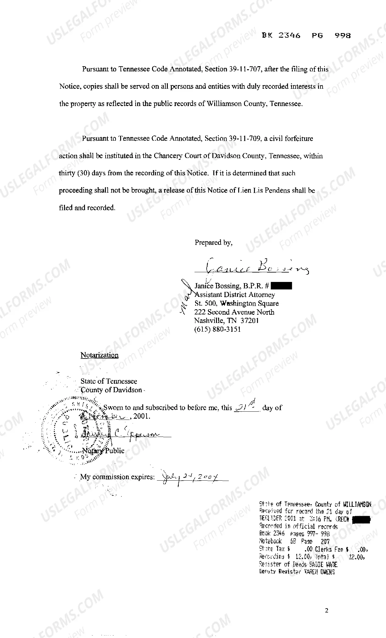 Preview Notice of Lien Lis Pendens regarding forfeiture claim