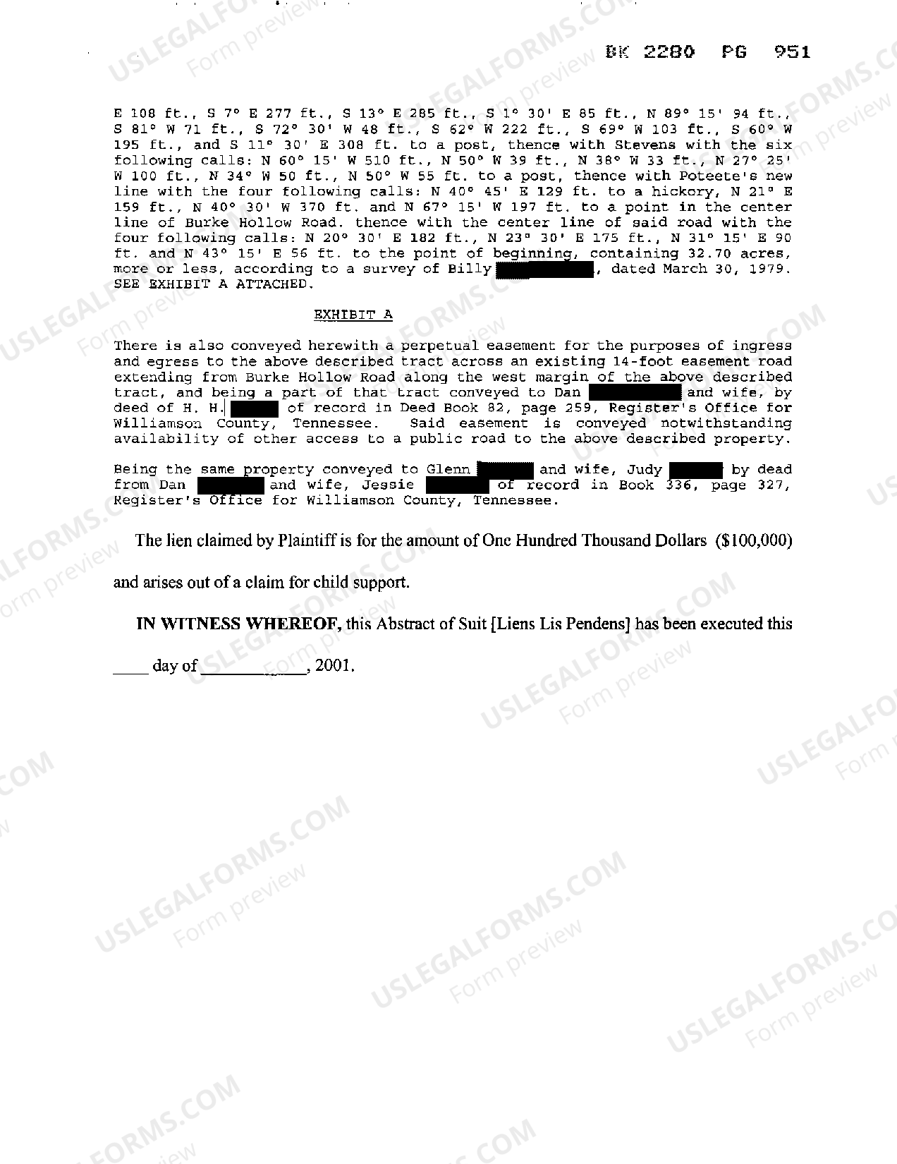 Clarksville Tennessee Notice of Lien Lis Pendens regarding unpaid child